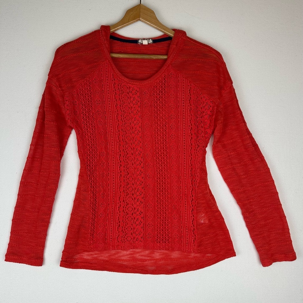 Eyeshadow Hooded Raglan Sweater Lace Open Weave Lightweight Coral